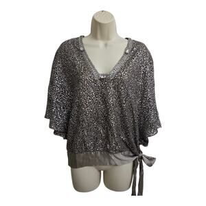 Hale Bob Silk Lined Metallic Glam Top Rhinestone Batwing Sleeve Tie Hem Top Sz S